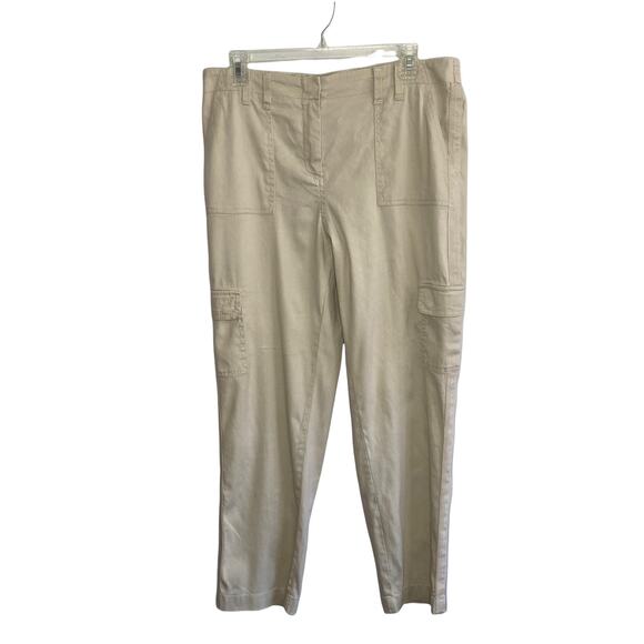 Chico’s Linen Blend Khaki Cropped Cargo Pants Size 8/10 Casual Summer Vacation - Picture 1 of 8